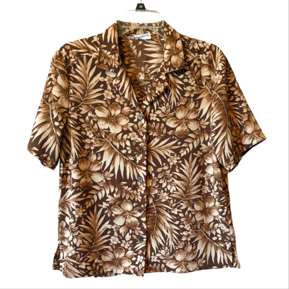 Bon Worth Ladies Brown Tan Tropical Leaves & Flowers Short Sleeve Hawaii Shirt M